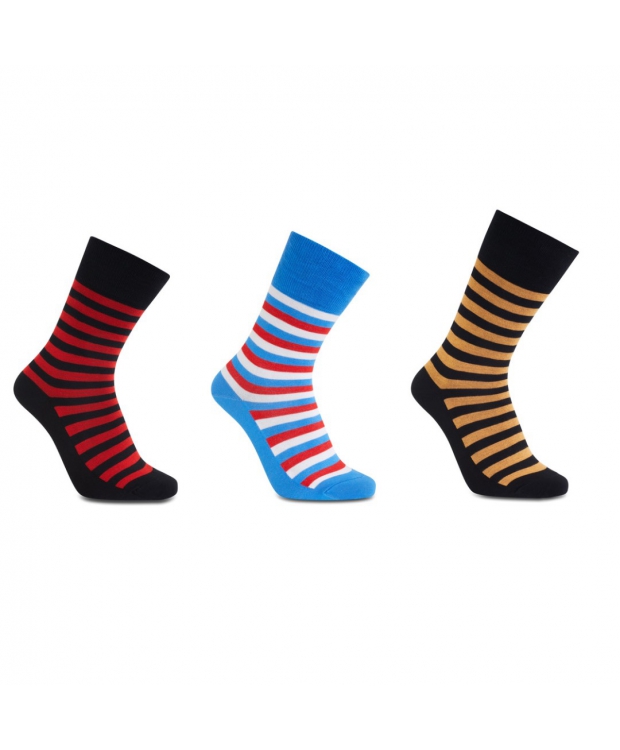 iZ Sock - 3 pak stribede bambusstrømper i (sort-orange, sort-rød, blå-rød-hvid). Unisex