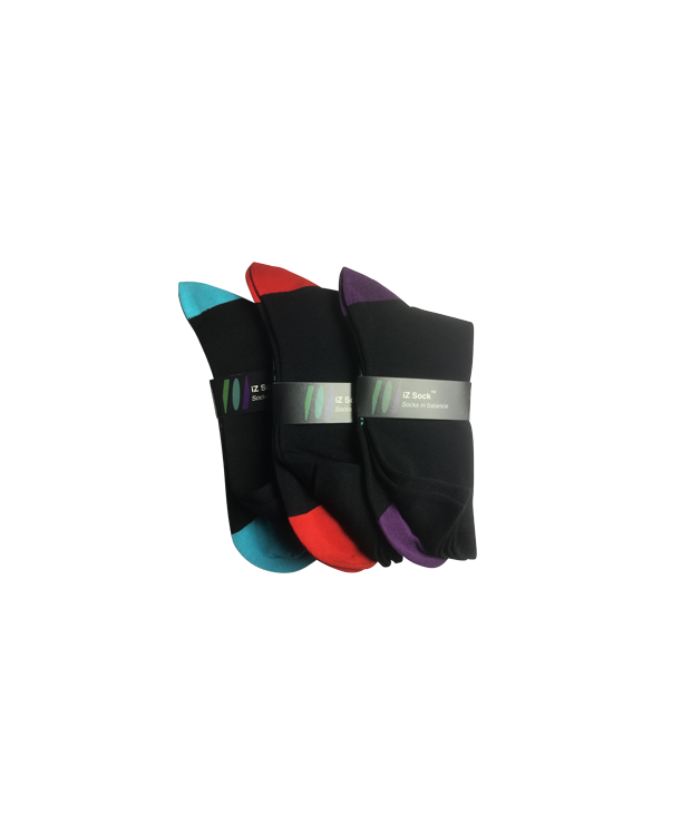 iZ Sock - 3 pak med farvet hæl og tå bambusstrømper i (sort, rød, lilla og turkis) Unisex