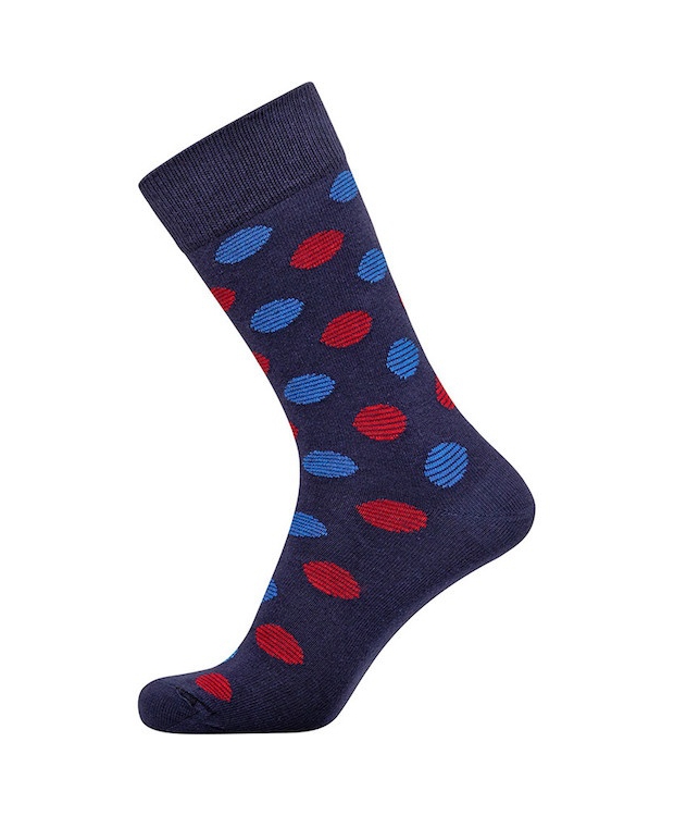 Claudio bomuldsstrømper i navy med blå og røde prikker til herre