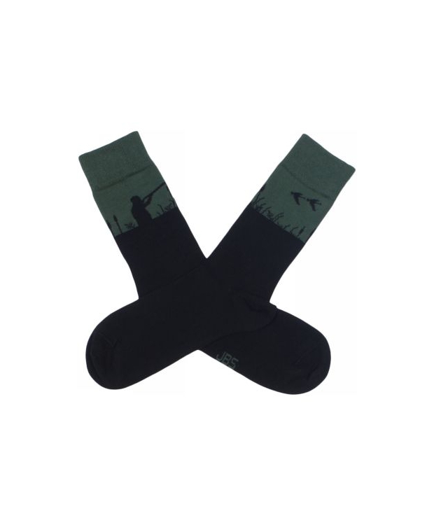 JBS bomuldsstrømpe i sort/ grøn med jagt-motiv til herre
